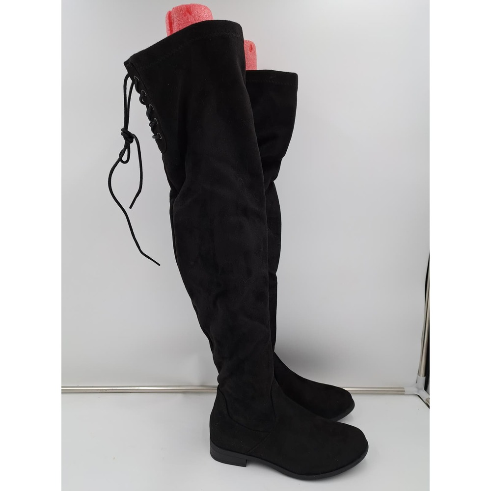 NWOT Black Suede Flat Rubber sole Inside 1/4 zip pull on Thigh high boots 6